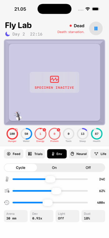 Fly Lab environment screen with cycle, temperature, humidity, and speed controls