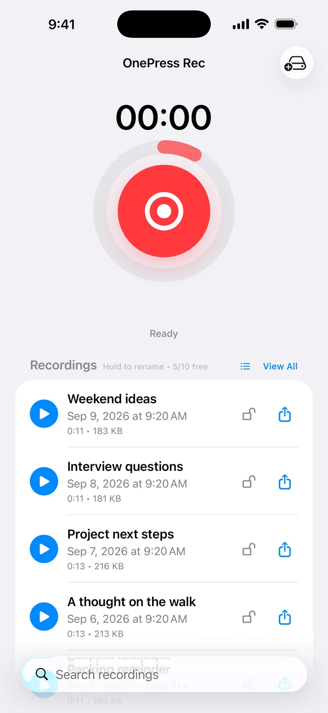 OnePress Rec ready screen with one large recording button