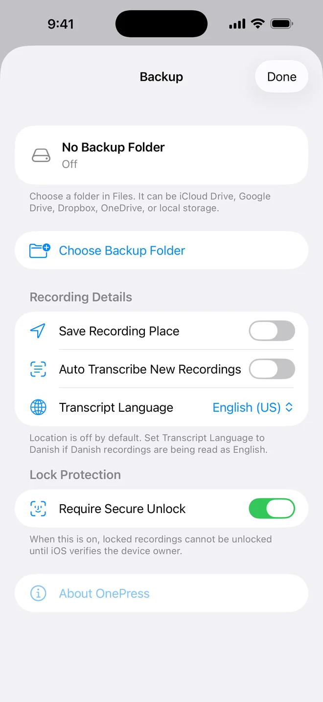 Choose a Files folder for OnePress Rec Pro backup