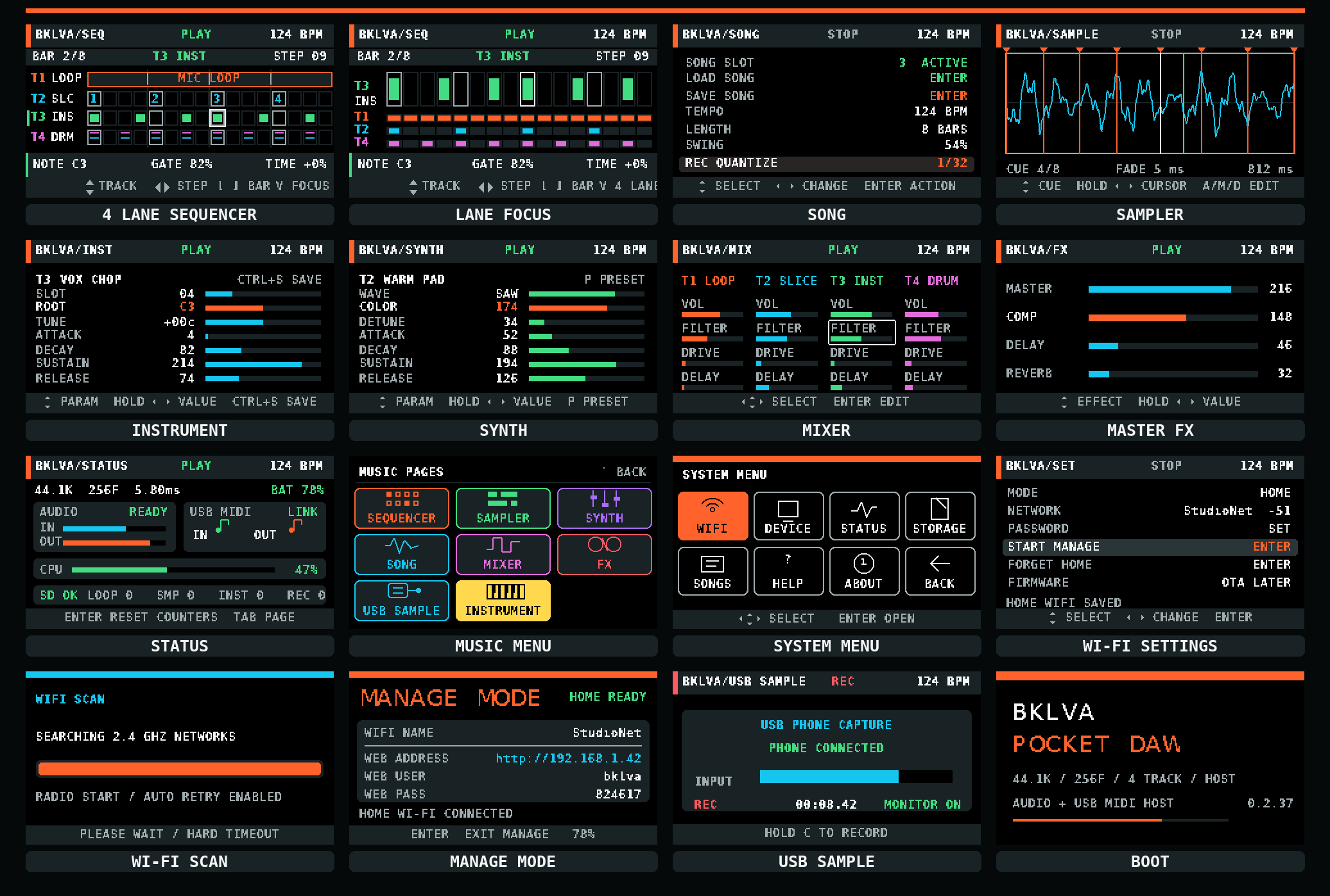 Sixteen screens from BKLVA Pocket DAW 0.2.37, including four-lane and lane-focus sequencing, sampler, instruments, synth, mixer, Wi-Fi, USB phone sampling, and boot