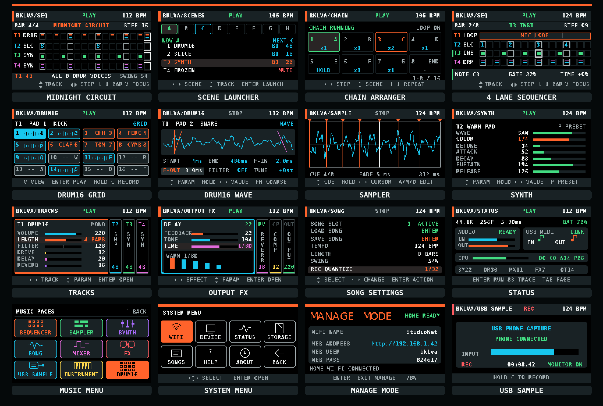 BKLVA Pocket DAW 0.3.4 screens showing Scenes, Chain arrangement, Midnight Circuit, Drum16, sampling, tracks, effects, and USB audio